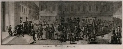 A large funeral procession following a bier with a corpse into a church