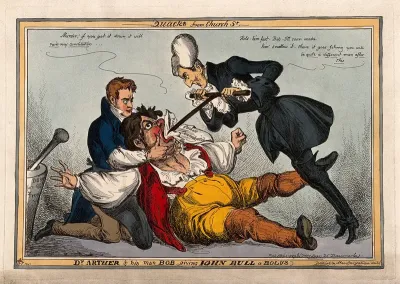 A large John Bull being held down and force-fed by Peel and Wellington; representing the idea of the Catholic emancipation as a breach of the constitution