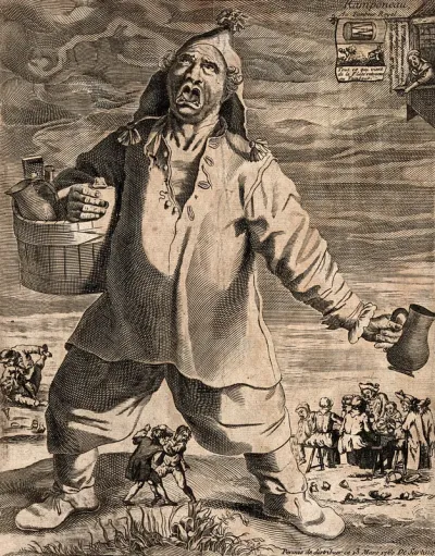 A large man carrying a tankard and a wooden half-barrel is singing, representing Jean Ramponneau and his drinking establishment in Paris, Engraving, 1760