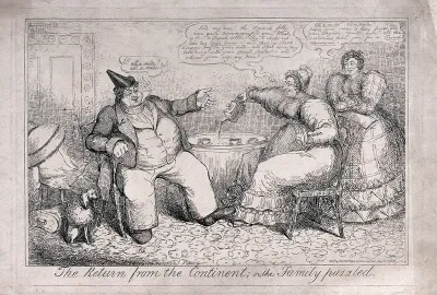A large man is sitting on a chair by a table while a woman pours tea out of the teapot, seeming to miss the cups as they and the young woman standing behind the chair are engaged in conversation