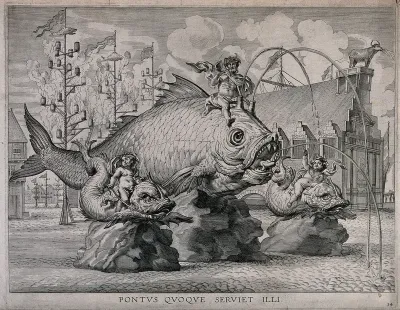A large model of a fish in a pool with water spurting out of his mouth flanked by two smaller fish with small figures on them