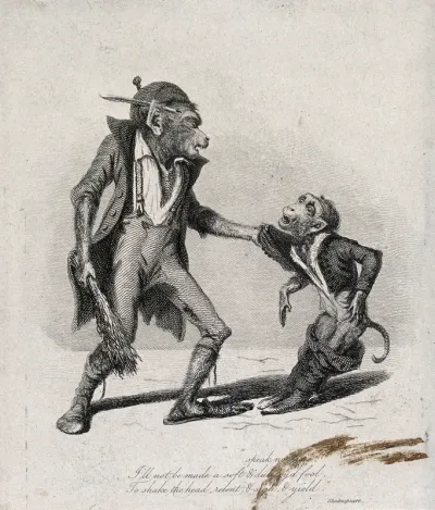 A large monkey dressed in rags is about to beat a smaller monkey with a bundle of brushwood
