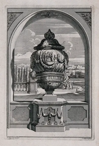 A large, ornate vase with figures clasping hands carved on the side, in a classical garden