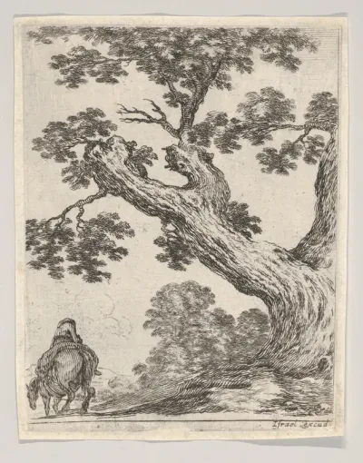 A large tree at right, a man on horseback at left, seen from behind riding towards the left, plate 18 from "Various figures and doodles" (Diverses figures et griffonnemens)