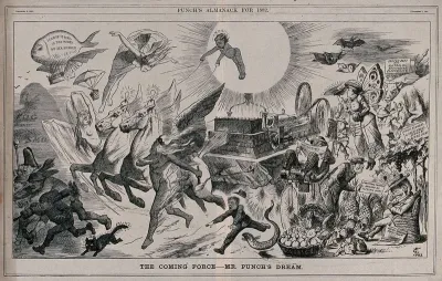 A large vehicle (Phoebus's cart), on which is an electrical generator, being pulled along by winged horses with light bulbs on their heads: electricity sweeps all before it