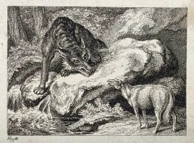A large wolf snarling from across a stream at a bleating lamb