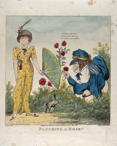 A large woman and a small dog relieving themselves in a bush; a woman standing to the left attempts to assist by shielding the woman with a large fan