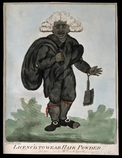 A laughing chimney sweep covered in soot except for his white wig which is glowing with hair powder