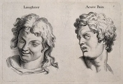 A laughing face (left) and a face expressing acute pain (right)