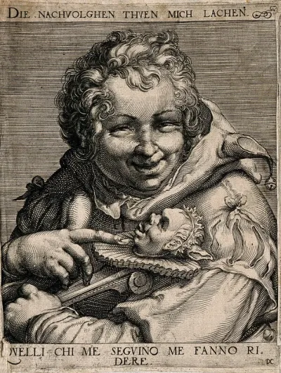 A laughing jester holding a fool's bauble with a grotesque face