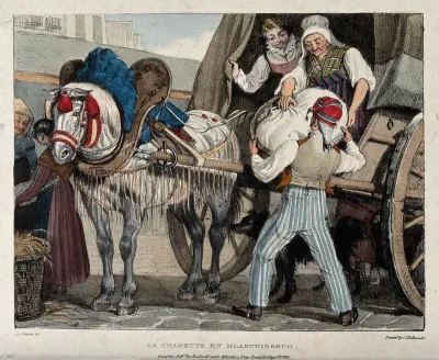 A launderess and an assistant standing in a cart (drawn by a horse wearing elaborate headgear) are collecting laundry from a man