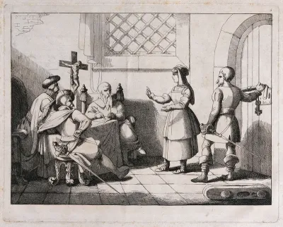 A laundry-maid is interrogated by two officials and an ecclesiastic about the death of Count Cenci