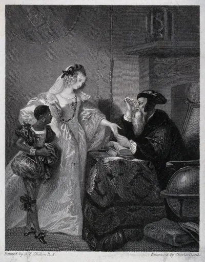 A lavishly dressed lady accompanied by her black servant is having her fortune told by a seated old man wearing a black cloak