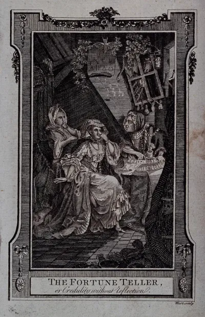 A lavishly dressed lady is having her fortune told by a woman with cards