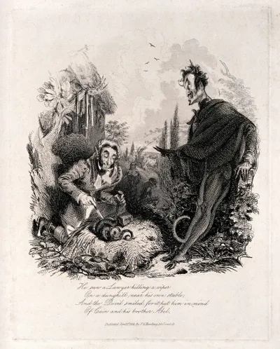 A lawyer sticking knives into a snake: the devil looks on