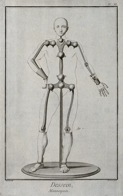 A lay figure. Engraving by B.L. Prevost after L.J. Goussier
