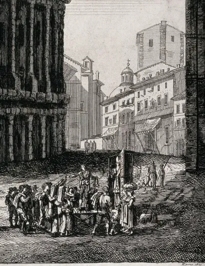 A lay preacher with a wax (?) image of a bishop, addresses a crowd in the streets of Rome