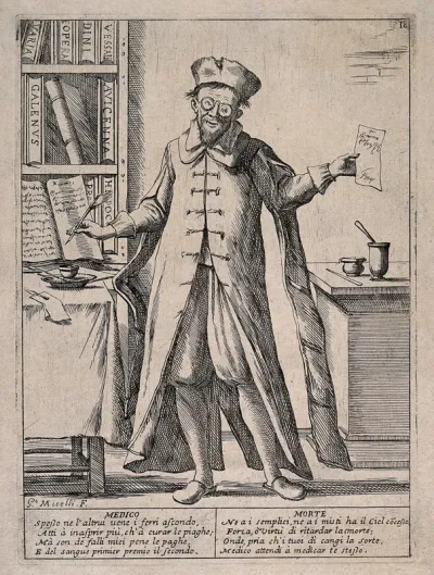 A learned physician with a library of Latin books writes a prescription but cannot save his patients from death