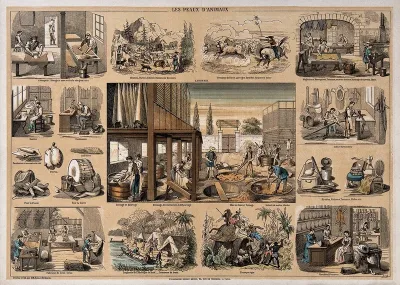 A leather tannery, surrounded by vignettes showing the use of leather products