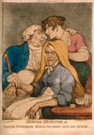 A lecherous doctor taking the pulse of an old woman while fondling a young one