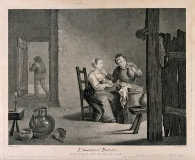 A lecherous drinker sits with a girl at a barrel table in a dingy tavern