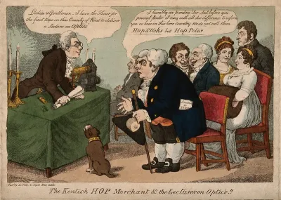 A lecturer (William Kitchiner?) about to address a lecture on optics with the aid of candles, a telescope and magic lantern to a seated audience, he is interrupted by a Kentish hop merchant