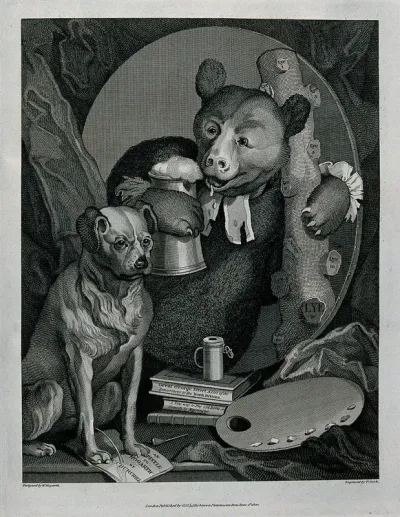A leering bear with soiled clerical bands, a pot of beer and a club is pictured behind a dog urinating on pamphlets
