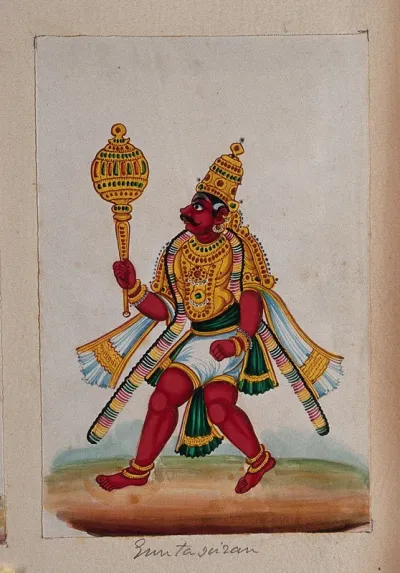 A legendary warrior holding a mace, possibly Bhima, one of the five Pandava brothers in the Indian epic, Mahabharata