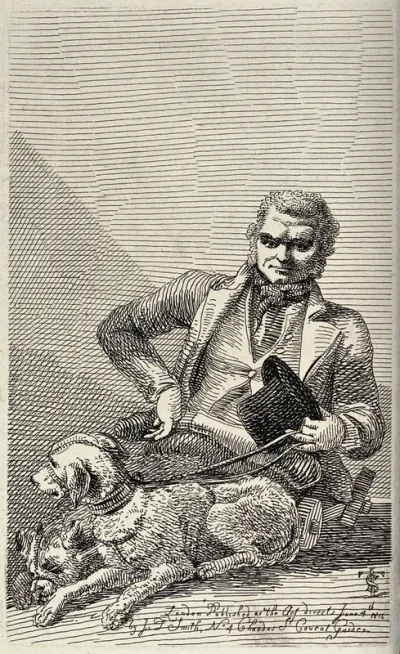 A legless man sitting on a wooden cart, presumably begging for alms, is surrounded by two dogs