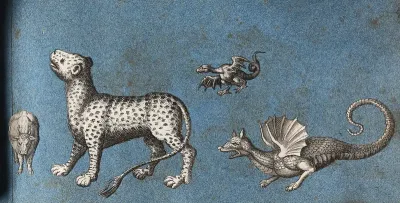 A leopard (?), a cow and two dragons