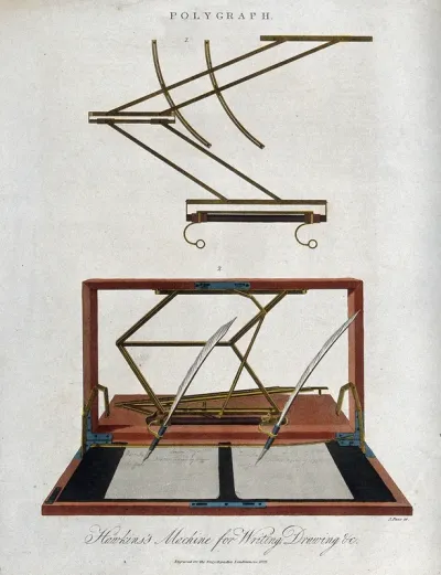 A letter-copying machine: plan (top) and three-quarter view (below)