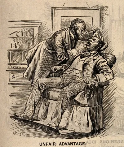 A Liberal dentist discussing politics and the merits of Gladstone to his patient (a Tory) while the latter is prevented from speaking