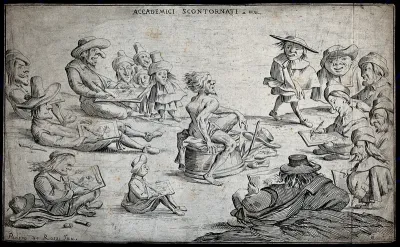 A life-class in a grotesque academy of artists: a hunchback model being drawn by deformed students