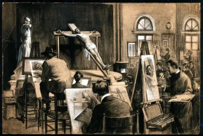 A life class in Rome with a model posed as a crucified man with an écorché figure to the left