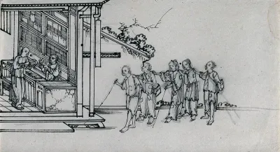 A line of blind Chinese beggars approaching a shop