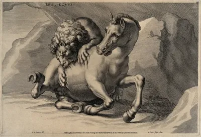A lion attacking a horse