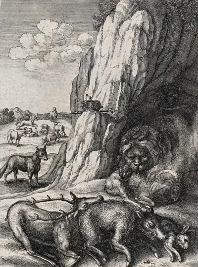 A lion devouring its prey in a cave while its crown and sceptre are perched on a rock at the entrance