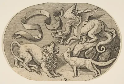 A lion, dragon and fox fighting each other, an inscribed banderole above, an oval composition