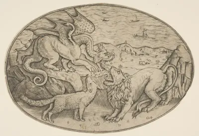 A lion, dragon and fox fighting each other, boats on the sea in the background, an oval composition