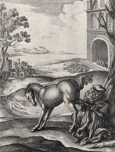 A lion dressed as a doctor is examining a horse's hoof; illustration of a fable by Aesop