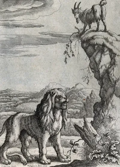 A lion is standing roaring under a mountain crag on which a goat is grazing; illustration for a fable