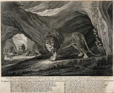 A lion standing outside a cave with four other lions in the background