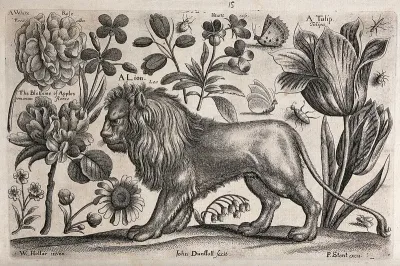 A lion surrounded by flowers and insects