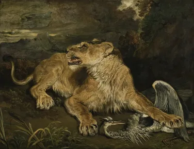 A Lioness with a Heron