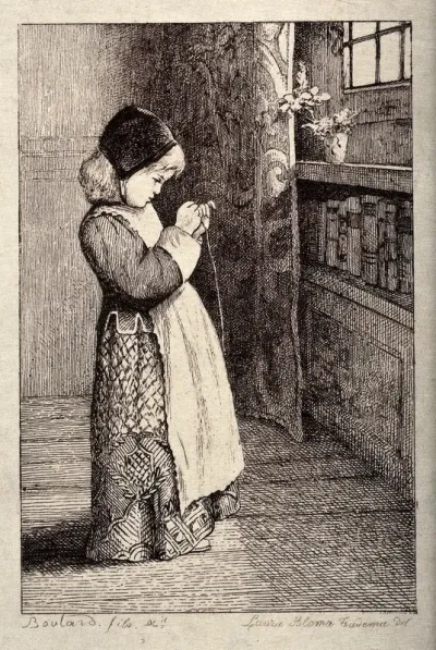 A little girl in Elizabethan costume stands in a room trying to thread a needle