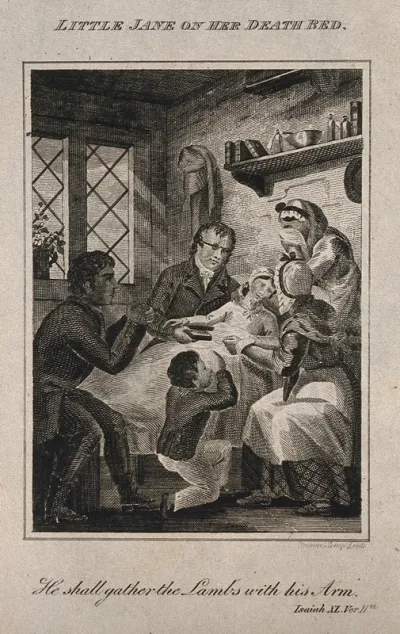A little girl (Jane) lies dying, surrounded by her family who weep and grieve
