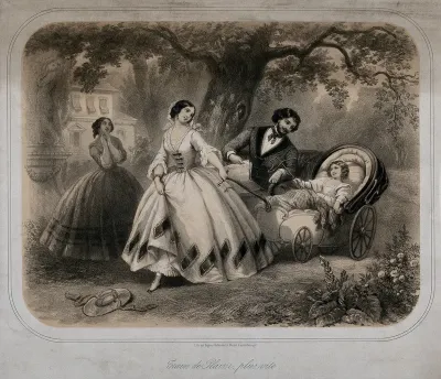 A little girl seated in a baby carriage urges her mother to pull faster in order to overtake her father who is seated in a wheelchair