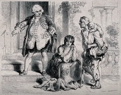 A liveried footman sends on their way a starving family who are sitting outside the side-door of a mansion