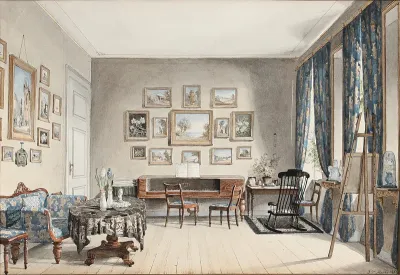 A living room interior with a collection of paintings and an easel