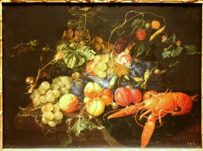 A lobster, fruit, and flowers